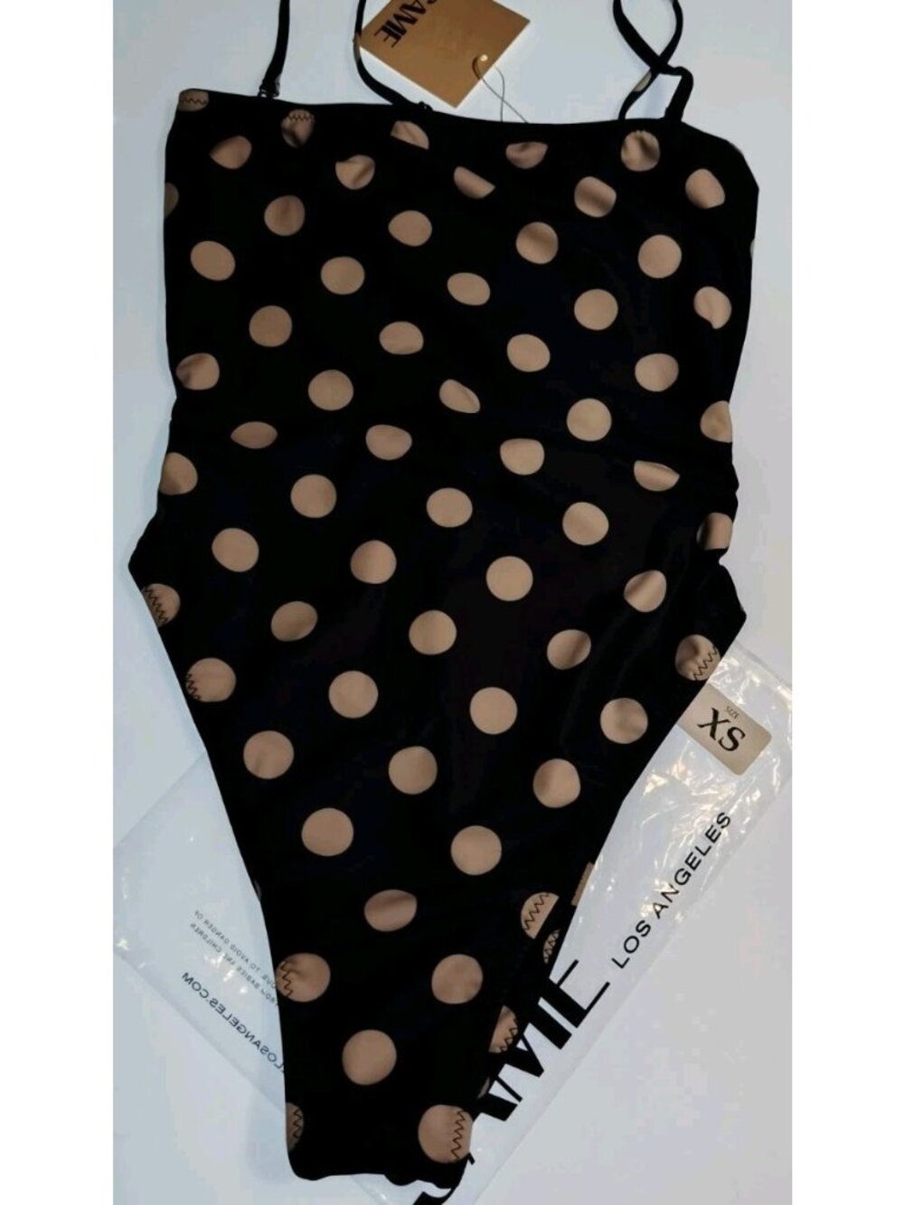 SAME Los Angeles Strapless One Piece Swimsuit XS Navy White Polka Dot Bandeau Hi